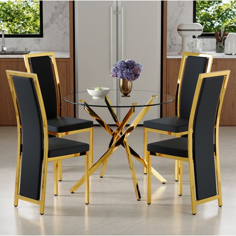 Set tavolo da pranzo rotondo 88 cm in vetro temperato, nero e oro, per piccoli spazi – MEUBLIV (1/5)