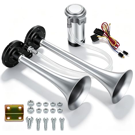 Klaxon à Air 12V Kit Double Trompette 150dB avec Compresseur, Klaxon Camion Voiture Bateau Universel, Klaxon Pneumatique Lourd en Chrome Zinc 450mm (1/5)