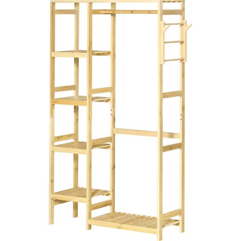 Portant à vêtements bambou avec étagères, tringle et 2 patères - 90 x 30 x 155 cm