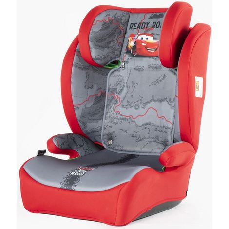 Disney Seggiolino auto Cars per la sicurezza dei bambini con altezza da 100 a 150 cm con grafiche di Saetta McQueen su fondo rosso e grigio