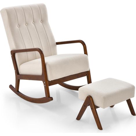 Costway – Fauteuil à bascule avec repose-pieds – Cadre en bois d'hévéa – Rembourrage en éponge haute densité – Charge 150 kg – Conception ergonomique beige