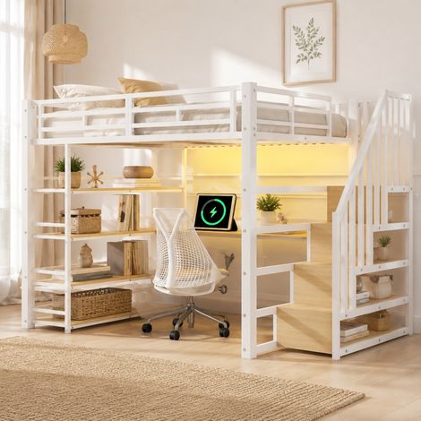 Lit mezzanine 140x200 cm en métal blanc avec bureau, gain de place, sans matelas – MEUBLIV (1/5)