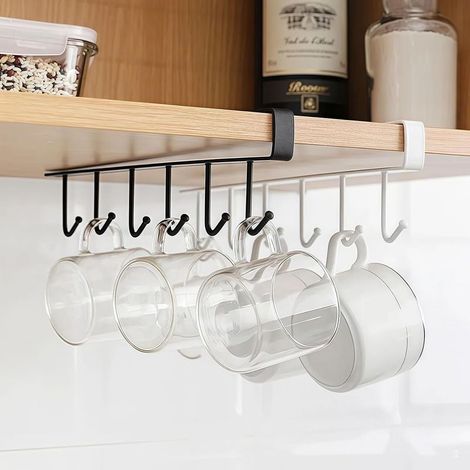 Ensemble de 2 crochets pour tasses, idéal pour ranger tasses, ustensiles de cuisine et clés. Porte-tasses à café sans perçage, blanc et noir. (1/5)