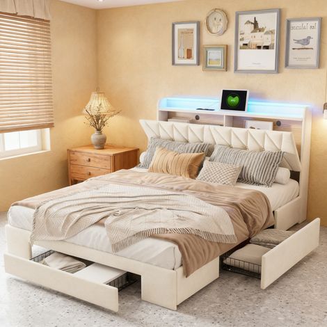 Struttura letto 140x190 con contenitore, letto matrimoniale 140x190 con rete, LED regolabili, con porta USB, beige, velluto (1/5)