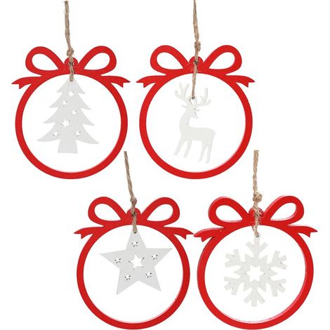 Weihnachtsdekoration – 4er-Set Holzanhänger: Durchbrochener Weihnachtsbaum, fünfzackiger Stern, verschneiter Elch, winterliche Tischdekoration, Partyzubehör (1/5)