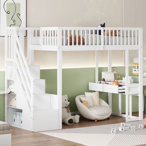 Lit Mezzanine 90x200cm avec Bureau Multifonction et Escalier de Rangement - lit simple - Gain de Place, Bois de Pin Massif, Blanc