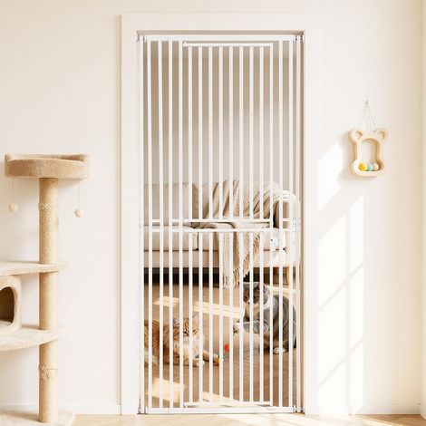Barrière de Sécurité pour Animaux Très Haute, Largeur Réglable 70-86 cm, Porte Chien Hauteur 200 cm, Barreaux Espacés 30 mm, Fixation par Pression ou Murale, pour Escaliers Portes Maison, Blanc (1/5)