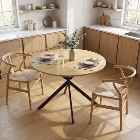 Table à manger ronde bois coloris chêne, pieds en acier noir, diamètre 100 cm, 4 personnes (1/4)