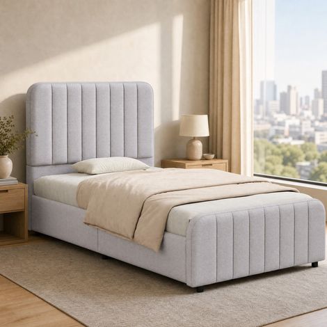 Cama infantil tapizada 90x200 cm gris, tela efecto lino, arcón hidráulico, somier de láminas, cabecero acolchado (1/5)