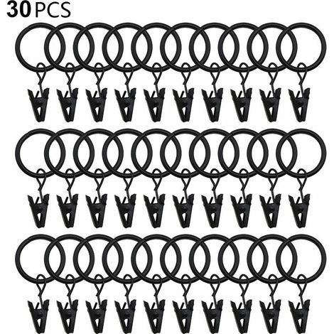 30 PCS Curtain Rings with Clips, Sturdy Drapery Clips, Hooks on Tension Rod Support, Inner Diameter Metal Eyelets, Decorative Curtain Hangers, Black (1/5)