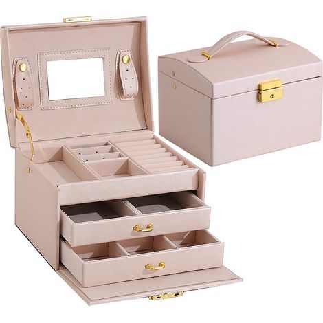 Boîte à Bijoux 3 Niveaux avec Miroir, Boîte à Bijoux Verrouillable en Cuir Pu Pour Colliers, Bagues et Bracelets, Rose