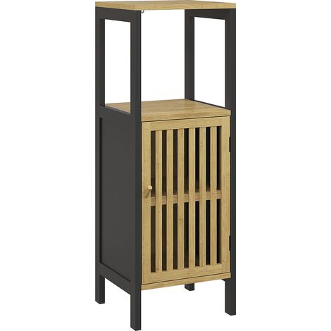 HOMCOM Mobile da Bagno con Ripiano Aperto e Armadietto Nero e color Legno