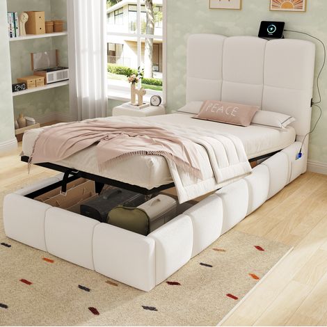 Okwish Lit coffre 90x200 cm, avec tête de lit, bouclé, beige (Sans matelas) (1/5)