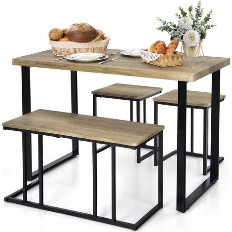 COSTWAY Juego de Mesa de Comedor de 4 Piezas, Mesa de Cocina con Banco y 2 Taburetes, Mesa de Desayuno con Marco de Metal, Conjunto de Comedor Industrial para Cocina, Comedor (1/5)