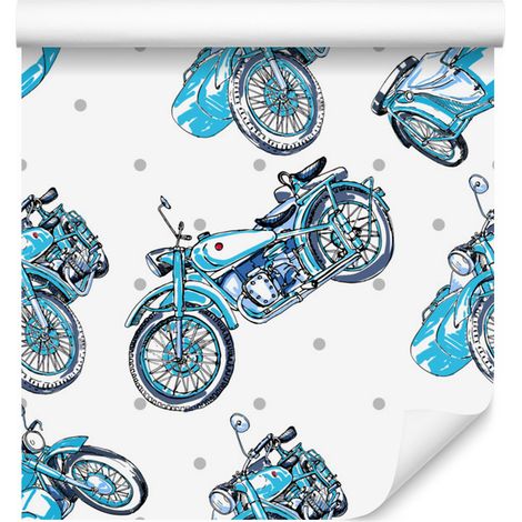 Papier peint bleu à motifs de motos vintage, style rétro, 50 x 1000 cm (1/5)