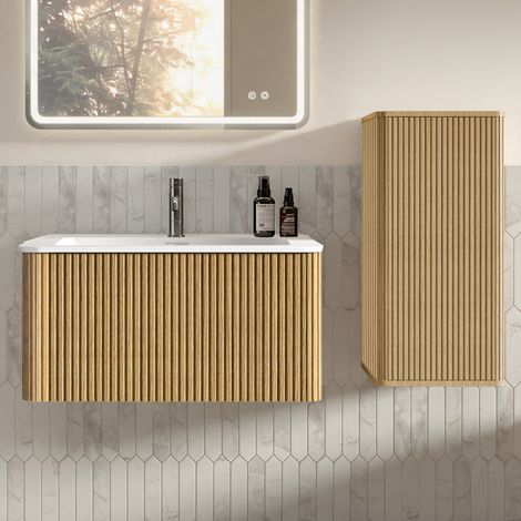 Mueble de baño con lavabo, 80 cm, mural y columna, roble DESVIAE (1/5)