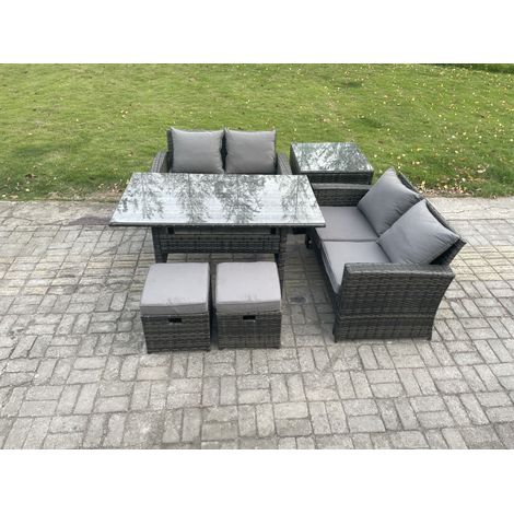 Fimous PE Wicker Rattan Garden Furniture Set Love Sofa Outdoor Rectangular Dining Table 2 Small Footstool Side Table Dark Grey Mixed (1/5)