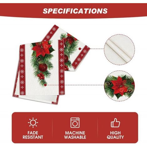 Chemin de table de Noël rouge à l'aquarelle avec poinsettia et flocon de neige blanc, décoration de fête de Noël,13 x 72 pouces (1/5)