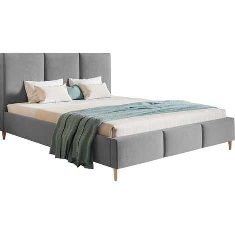 Lit adulte 180x200 Carlos, lit double avec sommier à lattes & tête de lit, velours - Meubles du fabricant - Gris (Jasmine 90) (1/5)