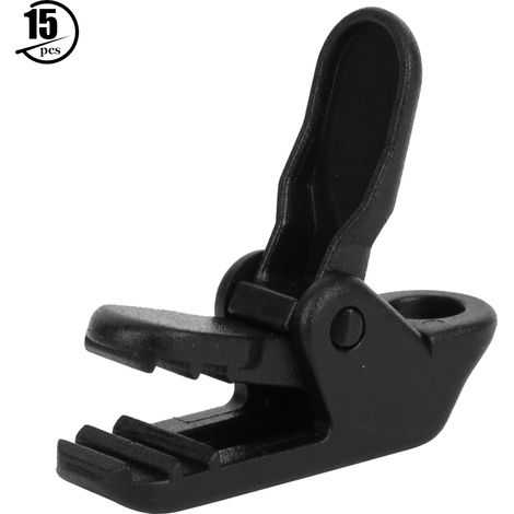 Lot de 15 pinces de serrage en plastique noir pour tentes, auvents et bâches. (1/5)