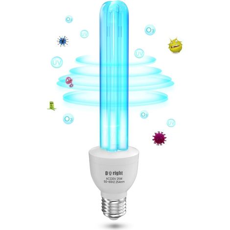 Lampe Ultraviolet Ozone E27 25W Lampe UV Germicide UVC avec Ampoule Ozone E27 Ampoule UV Sterilisateur avec Tube de Quartz Stérilisation UVC 254nm AC220-240V pour Toilette, Cuisine, Chambre (1/5)