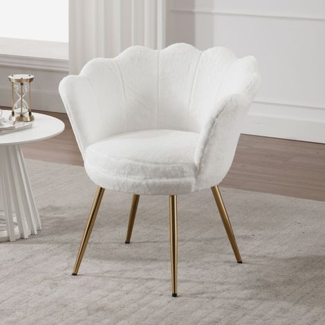 Wahson Fauteuil en Fausse Fourrure, Fauteuil de Salon Moderne Chaise Coquillage avec Pieds Métal Fauteuil Scandinave pour Chambre, Fausse Fourrure, Blanc