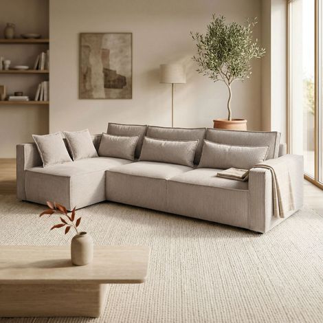 Canapé d'angle à gauche 294x140x88 cm en velours côtelé beige (1/5)