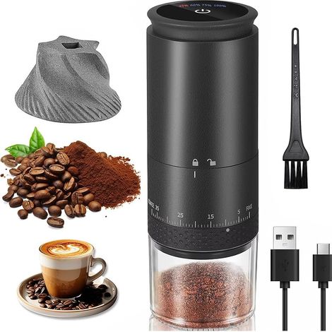 Moulin à Café Électrique Portable, Moulin à Grains de Café avec Meule Conique en Céramique, 38 Réglages de Mouture et Affichage LED, Rechargeable USB pour Voyage, Camping et Bureau (noir, L)