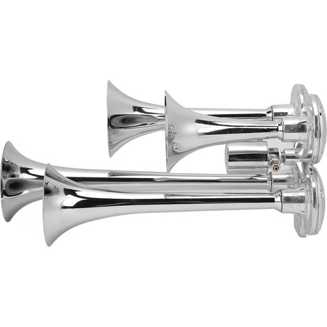 Klaxon pneumatique à 4 trompettes ultra puissant de 135 dB, finition zinc chromé, pour semi-remorques, pick-ups, camping-cars et SUV 12 V/24 V (1/5)