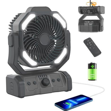 Ventilador portátil con batería recargable de 20.000 mAh, de color negro, con luz LED, mando a distancia, temporizador y gancho ideal para acampar, viajar, el hogar, picnics y pesca. (1/5)