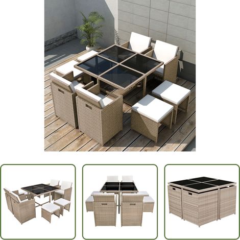 Rotin synthétique - Ensemble à manger d'extérieur et coussins 9 pcs résine tressée (1/5)