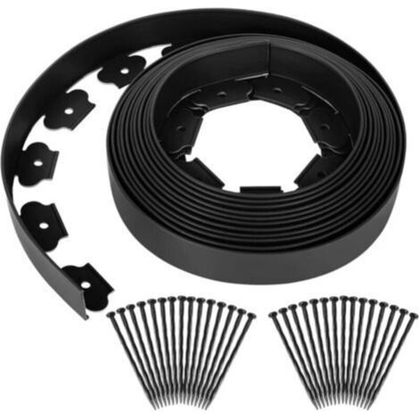 Bordure de pelouse plastique flexible Bordures pour jardins, séparation de l'herbe et des pierres, avec 30 clous de fixation, 10m de long, noir,5 cm de haut (1/4)