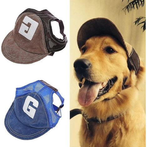 Chapeau pour chien, chapeau de soleil pour chien, casquette de sport, chapeau d'extérieur, protection solaire, chapeau pour chien avec trous pour les oreilles, ajustable, respirant, bleu, taille L. (1/5)
