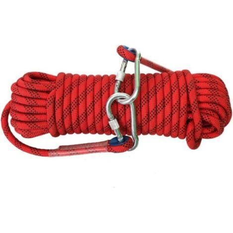 SABIR Corde de sécurité extérieure de 10 mm avec 2 mousquetons en acier, adaptée pour l'escalade et le sauvetage (10 m rouge)