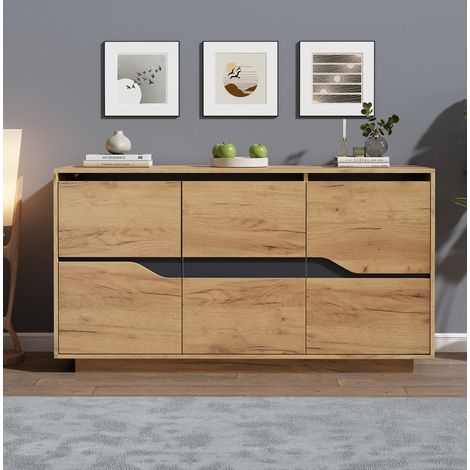 Credenza 140 x 40 x 70 cm a 3 ante, ripiani regolabili, nero e legno HAVRYA (1/5)