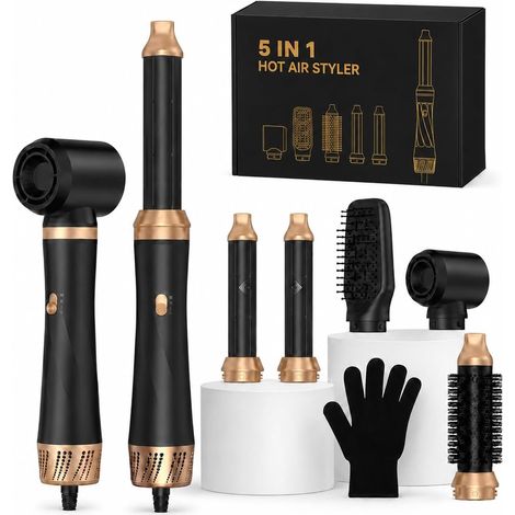 Kit de coiffeur 5 en 1 - 1000 W - Brosse ronde - Brosse à air chaud multifonction avec fer à friser automatique - Lissage négatif (1/5)