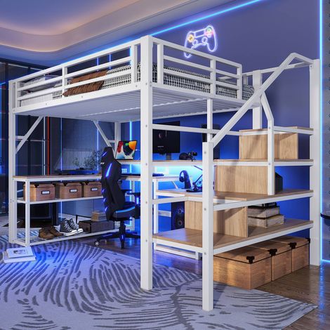Lit mezzanine 140x200 cm métal blanc avec échelle, rangements, étagère, bureau usb led et garde-corps (1/5)