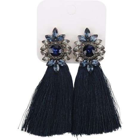Boucles d'oreilles vintage en forme de fleur avec pompon et strass, couleur bleu foncé, style vintage. (1/5)