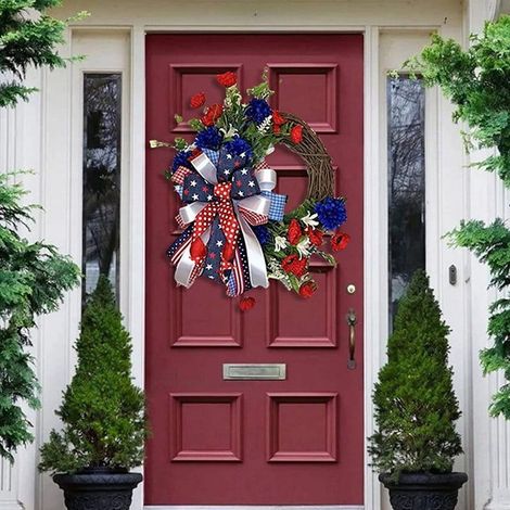 Guirlande Porte - Guirlande Patriote Rouge Blanc Bleu - Décoration Extérieure Intérieure - 45 cm - Avec Nœud Étoile Métallique - 1 Pièce (1/5)