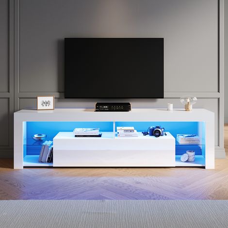ELEGANT Modern TV Stands with LED Lights, Open Glass Shelves and Flip-Down Door Compartment, Suitable for Living Room and Bedroom, White, 1800x350x505mm (1/5)