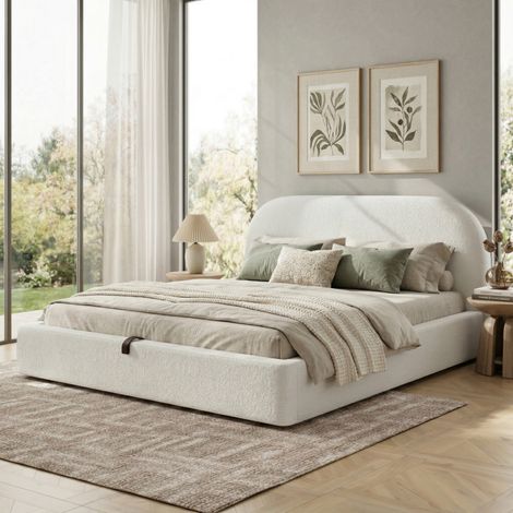 Lit coffre hydraulique 160 x 200 cm beige en bouclé avec tête de lit rembourrée 13,5 cm, sommier à lattes, coins arrondis et grand rangement (1/5)