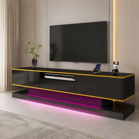 Mueble TV 180 x 38 x 45 cm con 3 cajones, hueco abierto y LED multicolor negro y dorado DESVIAE (1/5)
