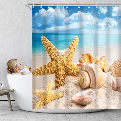 Rideau de douche en polyester imperméable résistant à la moisissure, rideaux de douche de salle de bain avec 12 crochets, 180 x 180 cm (étoile de mer) (1/5)