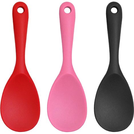 Beauvie-Ensemble de 3 cuillères de cuisine en silicone - Cuillère à tête ronde noire - Ustensile de cuisine à long manche (1/5)