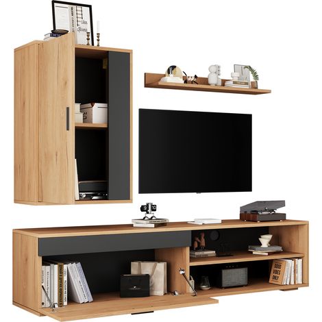 Meuble TV mural 3 pièces avec rangement, meuble TV 140 cm, placard mural et étagère murale, bois clair et noir, idéal petit salon moderne  CHICFURN (1/5)