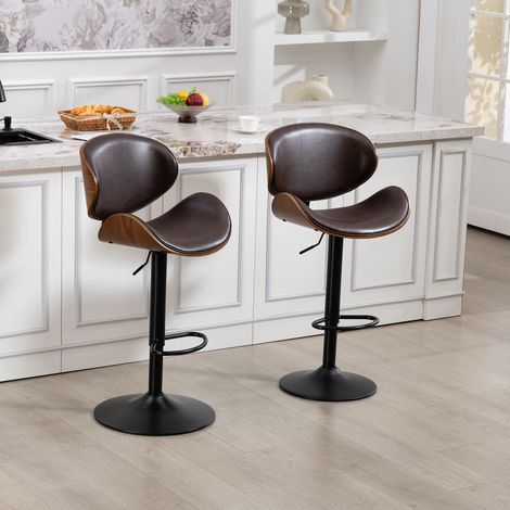 Lot de 2 tabourets de bar réglables en hauteur, pivotants à 360°, structure en bois courbé, similicuir marron, dossiers ergonomiques, repose-pieds (1/5)