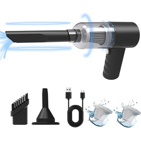 Este minipurificador de aire portátil e inalámbrico, ideal para aspiradoras de coche de mano, cuenta con una potente succión de 120 W, carga USB, dos filtros y múltiples boquillas, lo que lo hace adec