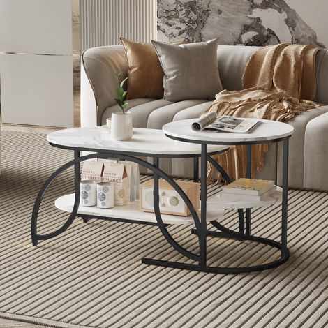 ADWOLT Table basse de salon - Lot de 2 Tables Basses Gigognes - pieds en métal - Table d'appoint en marbre -Noir - Ronde-80 x 46 x 45 cm