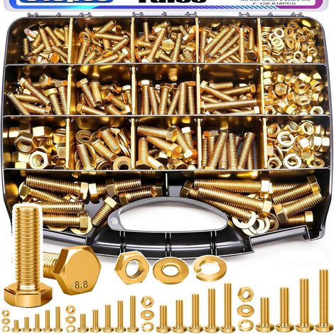 Kit de visserie SAE 618 pièces, assortiment de boulons à tête hexagonale avec écrous, rondelles plates et rondelles élastiques, 1/4"-20, 5/16"-18, 3/8"-16, 1/2"-13, acier au carbone zingué, classe 8.8 (1/4)