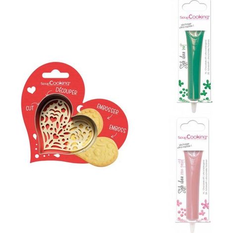Kit pour biscuit en relief Coeur + 2 Stylos au chocolat vert et rose pastel (1/3)